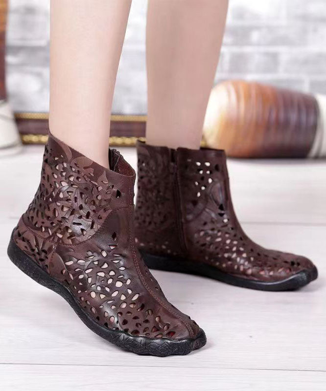 Vintage Coffee Hollow Out Zippered Splicing Cowhide Leather Boots