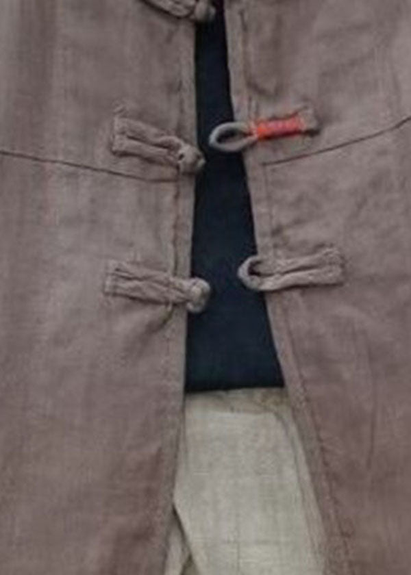 Vintage Chocolate Mandarin Collar Button Cotton Linen Coat Long Sleeve
