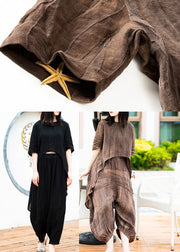 Vintage Chocolate O-Neck Asymmetrical Linen Top And Lantern Pants Two Pieces Set Summer