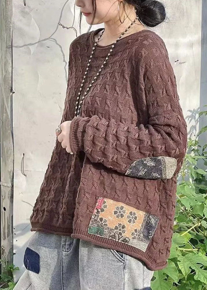 Vintage Chocolate O-Neck Oversized Patchwork Applique Knit Sweaters Winter