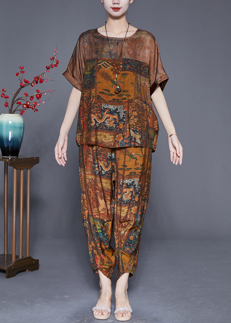 Vintage Coffee Oversized Print Silk Two Pieces Set Summer