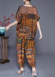 Vintage Coffee Oversized Print Silk Two Pieces Set Summer