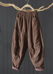 Vintage Coffee Pockets Patchwork Fine Cotton Filled Pants Winter