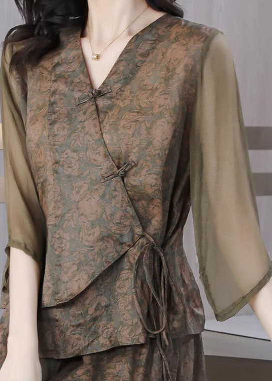 Vintage Coffee Print Chinese Button Lace Up Patchwork Linen Top Summer