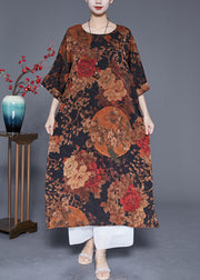 Vintage Coffee Print Patchwork Chinese Button Silk Vacation Dresses Summer