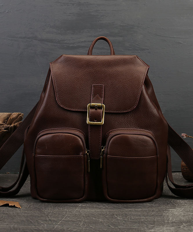Vintage Chocolate Solid Pockets Calf Leather Backpack Bag