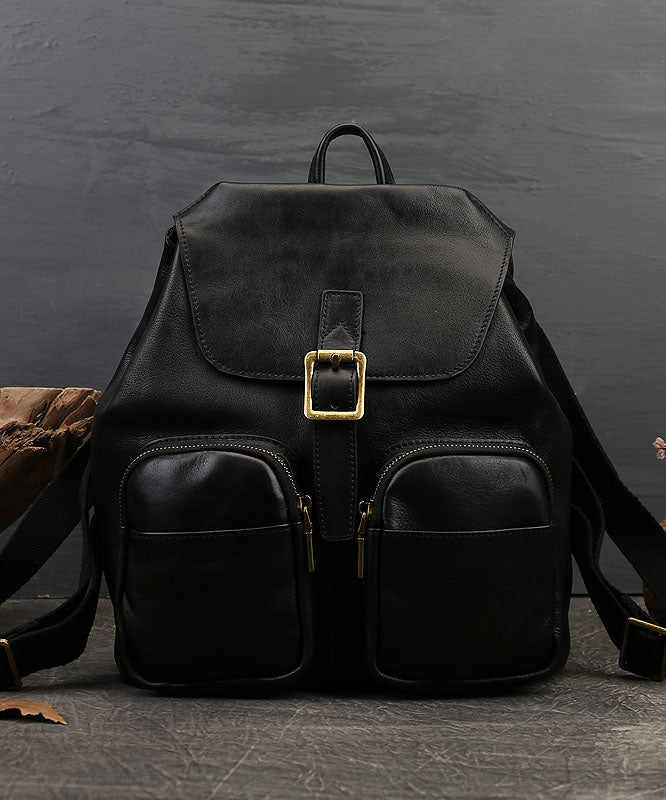 Vintage Chocolate Solid Pockets Calf Leather Backpack Bag