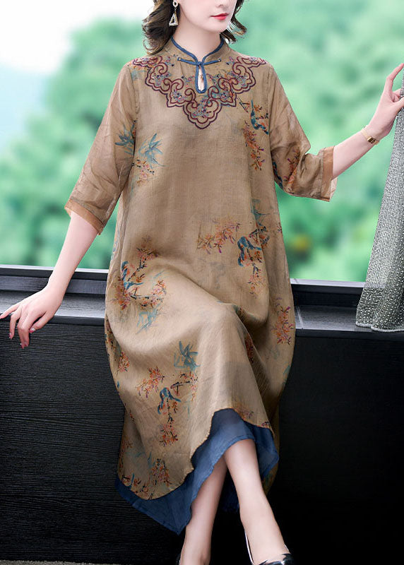 Vintage Coffee Stand Collar Embroidered Patchwork Linen Long Dresses Summer