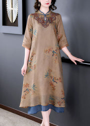 Vintage Coffee Stand Collar Embroidered Patchwork Linen Long Dresses Summer