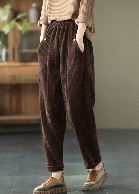 Vintage Chocolate Thick Button Pockets Straight Casual Fall Pants