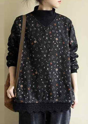Vintage Coffee Turtleneck Print Lace Patchwork Fleece Sweatshirts Long Sleeve