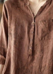 Vintage Coffee V Neck Button Patchwork Linen Shirts Spring