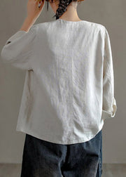 Vintage Chocolate V Neck Patchwork Button Linen Shirt Long Sleev