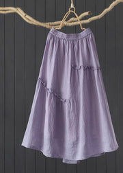 Vintage Coffee Wrinkled Elastic Waist Patchwork Linen Skirt Summer