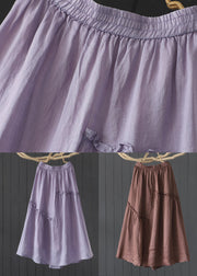 Vintage Coffee Wrinkled Elastic Waist Patchwork Linen Skirt Summer