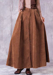 Vintage Coffee Wrinkled Pockets Corduroy Maxi Skirt Spring