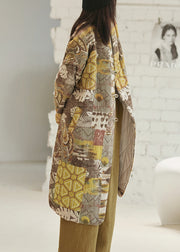 Vintage Coffee Yellow Pockets Print Chinese Button Fine Cotton Filled Coat Winter