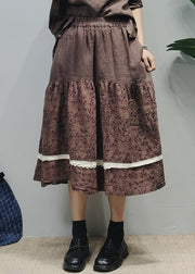 Vintage Chocolate elastic waist Lace Patchwork Print Linen A Line Skirts Summer