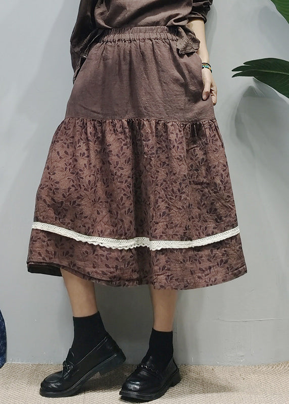 Vintage Chocolate elastic waist Lace Patchwork Print Linen A Line Skirts Summer