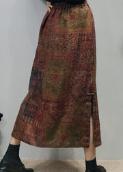 Vintage Chocolate elastic waist side open Linen A Line Skirt Spring