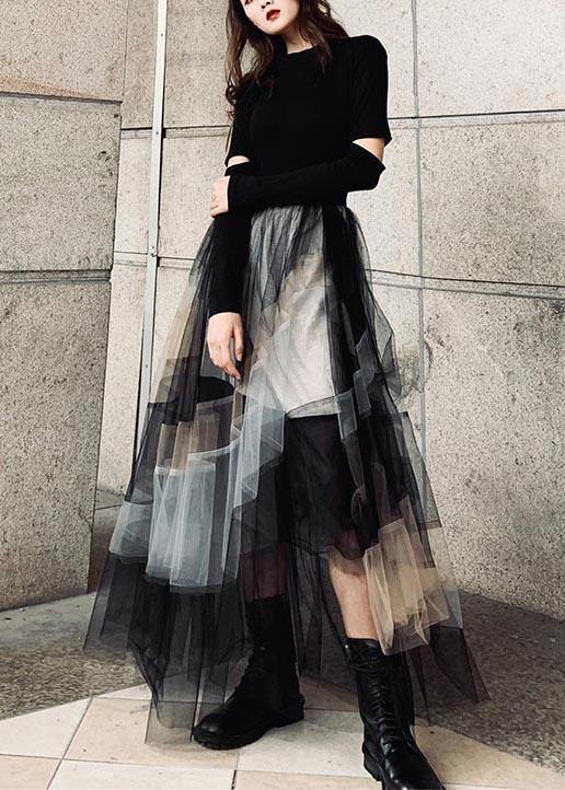 Vintage Color block Ruffles tulle Summer Skirt - SooLinen