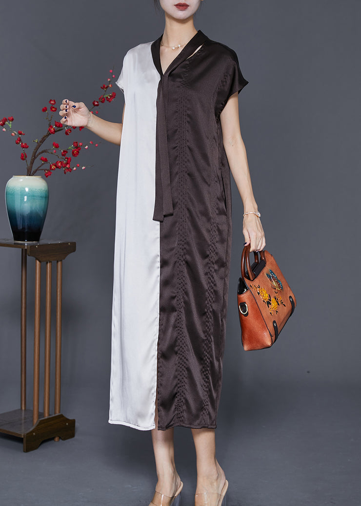 Vintage Colorblock Bow Neck Patchwork Silk Long Dresses Summer