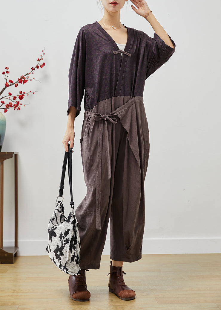 Vintage Colorblock Chinese Button Patchwork Lace Up Linen Jumpsuits Fall
