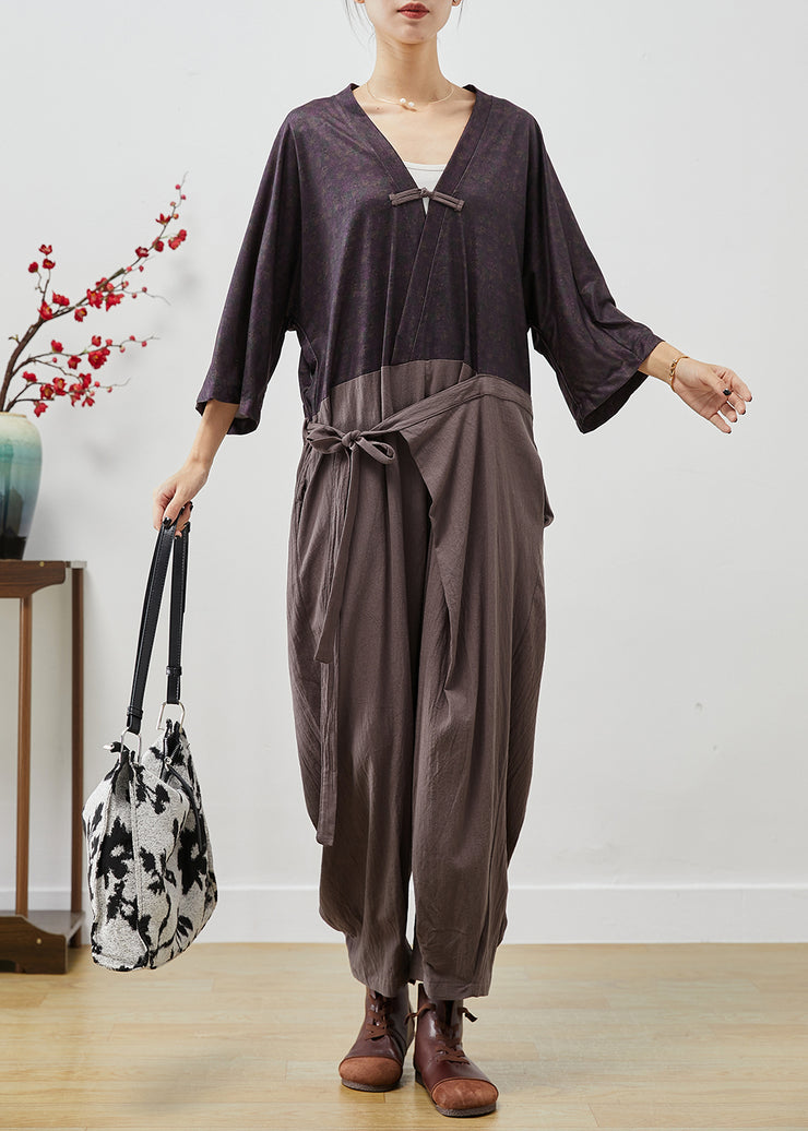 Vintage Colorblock Chinese Button Patchwork Lace Up Linen Jumpsuits Fall