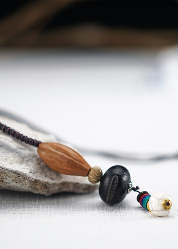 Vintage Colorblock Hand Knitting Agate Walnut Wenge Bodhi Pendant Necklace