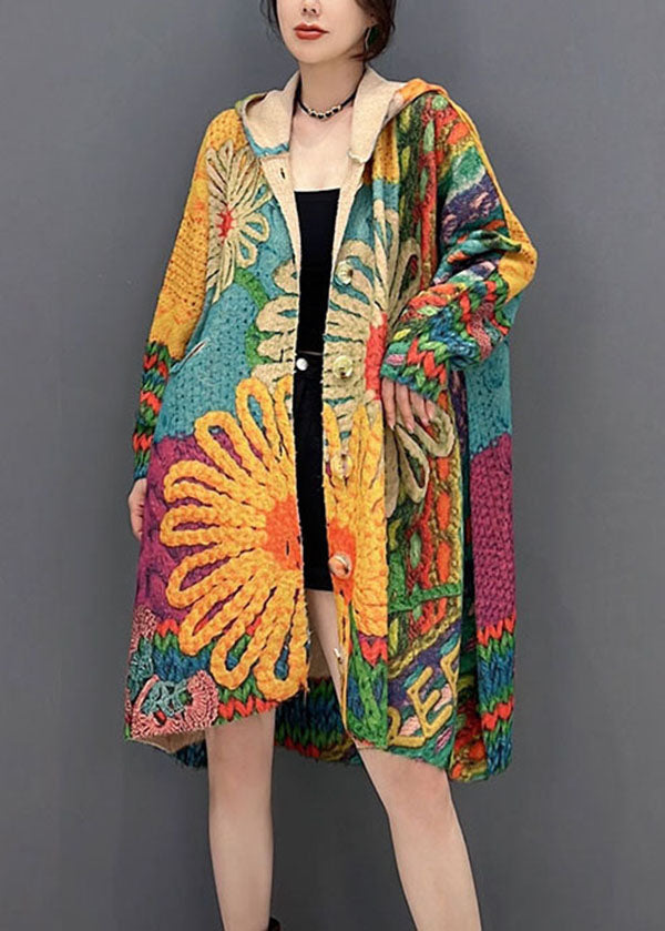 Vintage Colorblock Hooded Print Knit Loose Coats Fall