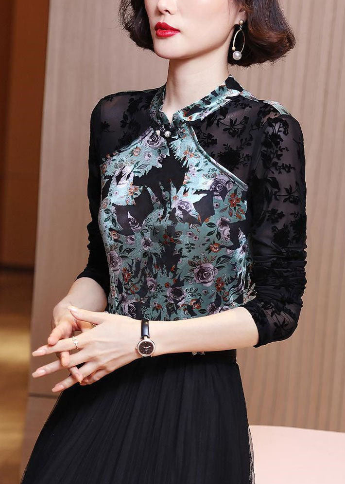 Vintage Colorblock Mandarin Collar Patchwork Silk Velour Shirt Top Long Sleeve
