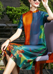 Vintage Colorblock Mandarin Collar Print Silk Cheongsam Dress Short Sleeve