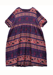 Vintage Colorblock O Neck Print Patchwork Linen Dress Summer