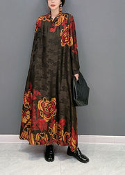 Vintage Colorblock Oversized Patchwork Chinese Button Silk Long Dress Spring