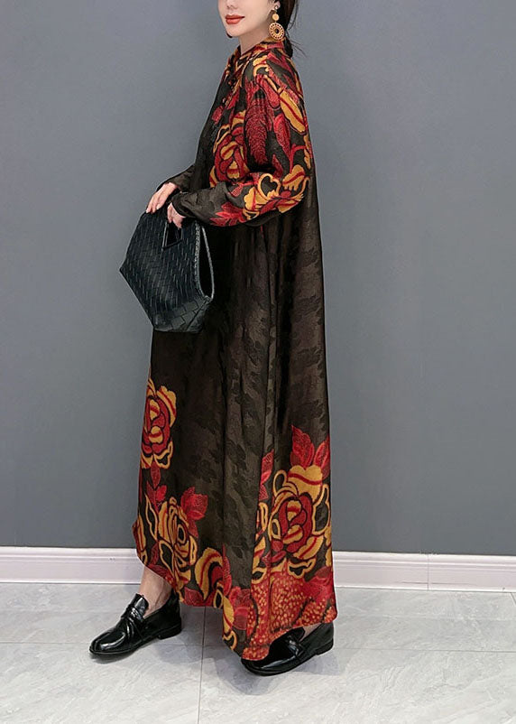 Vintage Colorblock Oversized Patchwork Chinese Button Silk Long Dress Spring