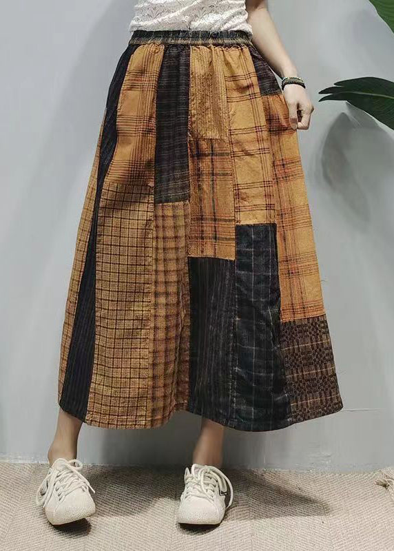 Vintage Colorblock Oversized Patchwork Plaid Linen A Line Skirts Summer