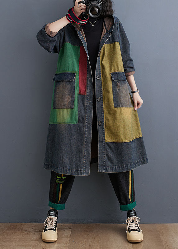 Vintage Colorblock Patchwork Button Hooded Denim Trench Coat Long Sleeve