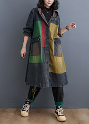 Vintage Colorblock Patchwork Button Hooded Denim Trench Coat Long Sleeve