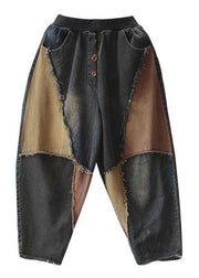 Vintage Colorblock Patchwork Elastic Waist Button Jeans