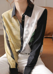 Vintage Colorblock Peter Pan Collar Button Print Silk Shirt Spring