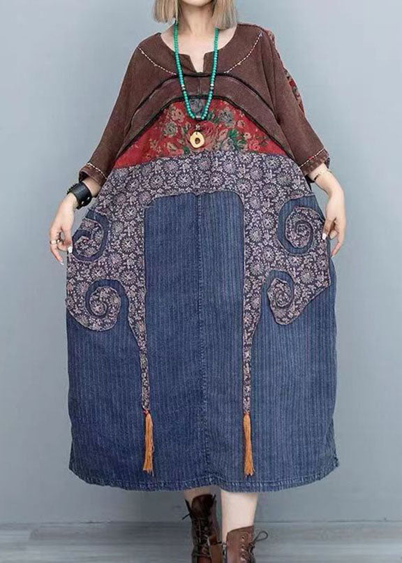 Vintage Colorblock Print Patchwork Denim Maxi Dresses Long Sleeve