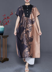 Vintage Colorblock Stand Collar Print Silk Long Dresses Summer