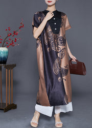Vintage Colorblock Stand Collar Print Silk Long Dresses Summer