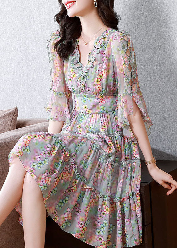 Vintage Colorblock V Neck Ruffled Patchwork Print Silk Dress Summer