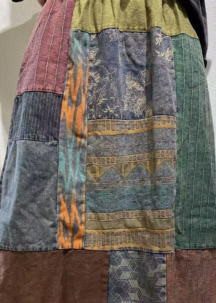 Vintage Colorblock Wrinkled Elastic Waist Patchwork Cotton Skirts Spring
