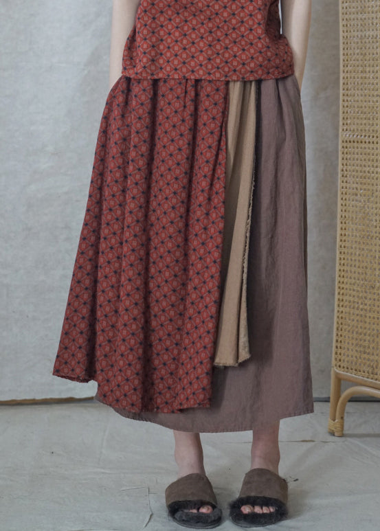 Vintage Colorblock elastic waist Asymmetrical Patchwork Cotton Skirts Spring