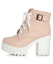 Vintage Cross Strap Chunky Boots Pink Faux Leather - SooLinen