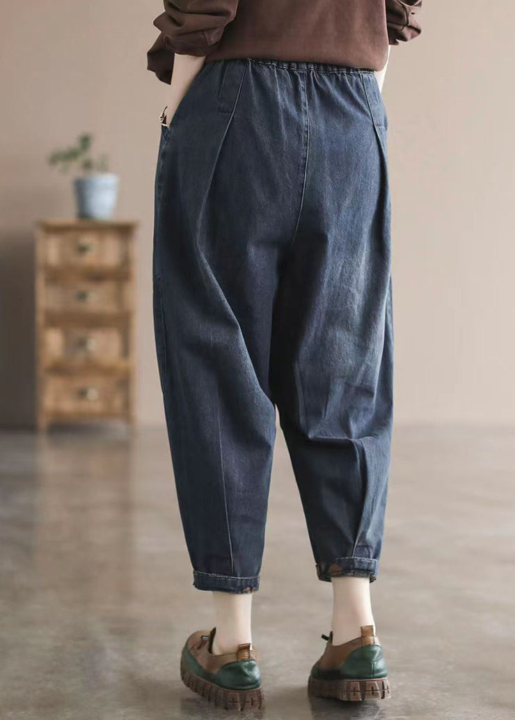 Vintage Dark Blue Elastic Waist Pockets Patchwork Applique Print Cotton Harem Pants Fall