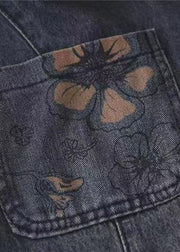 Vintage dunkelblaue elastische Taillentaschen Patchworkapplikationen drucken Baumwolle Haremshose Herbst