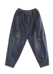 Vintage Dark Blue Elastic Waist Pockets Patchwork Applique Print Cotton Harem Pants Fall